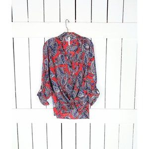 Sheer red/blue paisley floral long sleeve button down blouse/boho paisley shirt/
